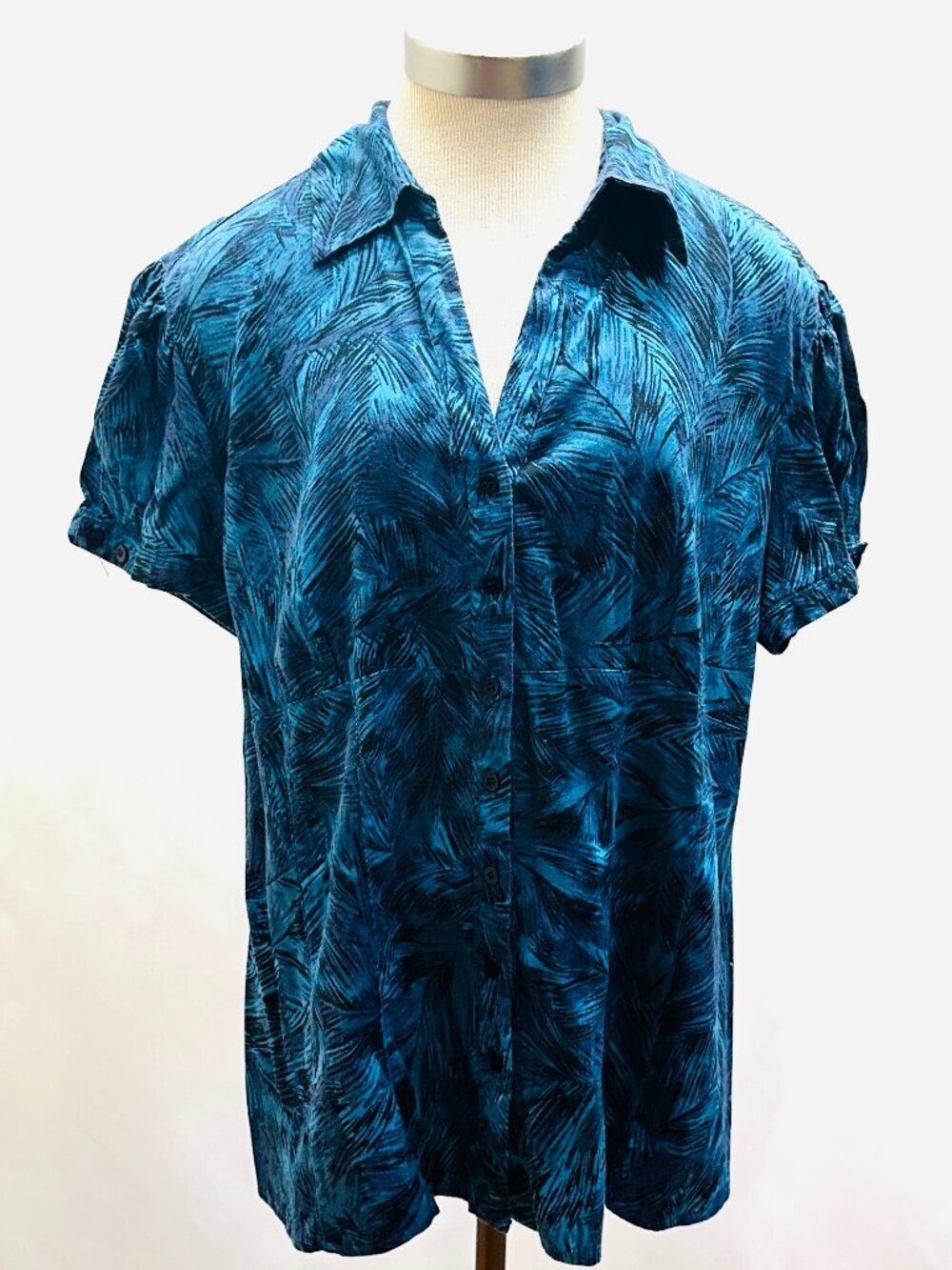 WORTHINGTON Women Short Sleeve Button Down Collared Floral Blue Shirt Size 1X